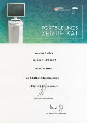 Fortbildungszertifikat "CEREC & Implantologie" - 02/2019 Fortbildungszertifikat "CEREC & Implantologie" - 02/2019