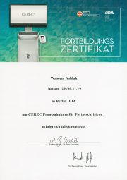 Fortbildungszertifikat "CEREC Frontzahnkurs" - 11/2019 Fortbildungszertifikat "CEREC Frontzahnkurs" - 11/2019
